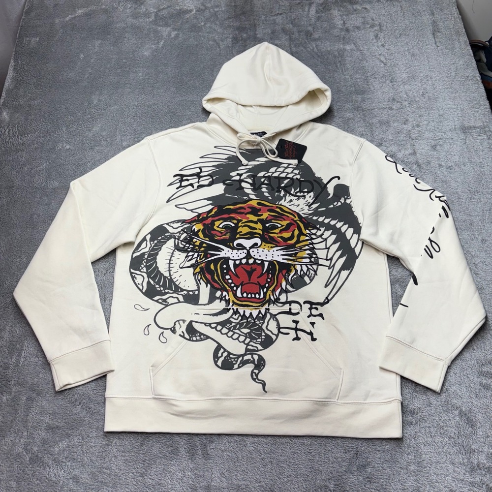 Ed Hardy‎ Hoodie Mens Large Ivory New Tiger Snake Graphic EHMR1300-17 Sweatshirt